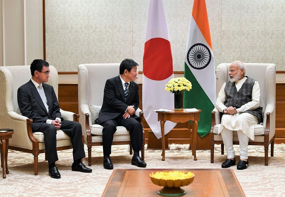  Prime Minister Narendra Modi in a meeting with Foreign Affairs Minister of Japan Toshimitsu Motegi and the Minister of Defence of Japan Taro Kono, in New Delhi, Saturday, Nov. 30, 2019. PIB/PTI 