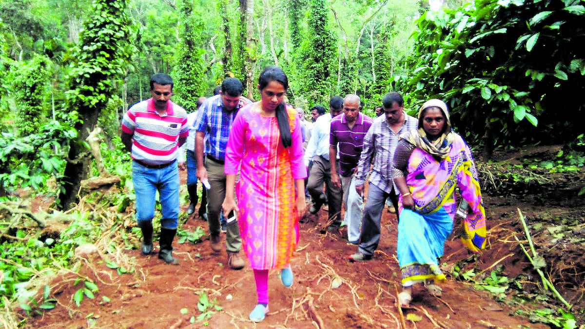 Deputy Commissioner Annies Kanmani Joy visits the encroachment clearing site at Abhyath Mangala on Sunday.