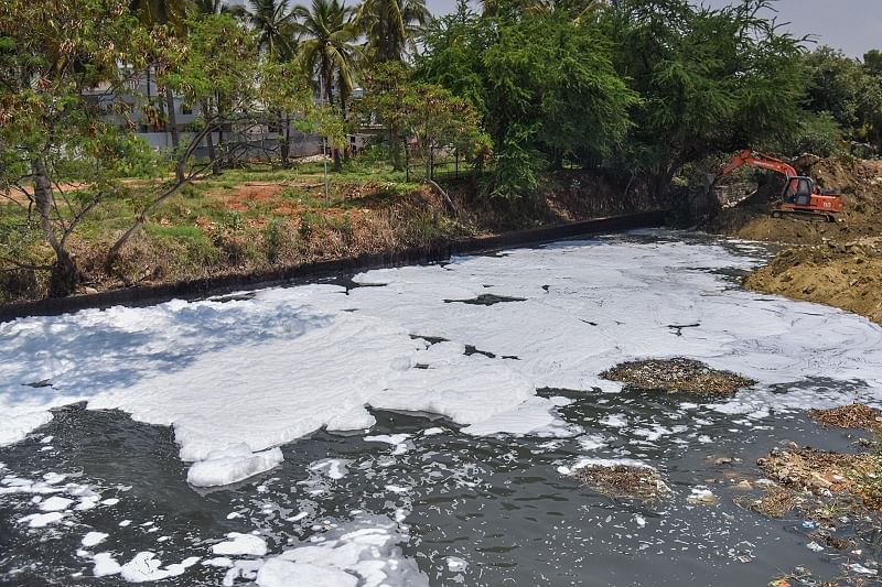 Foam is seen in Bellandur lake at Bellandur Kodi in Bengaluru. (DH Photo)
