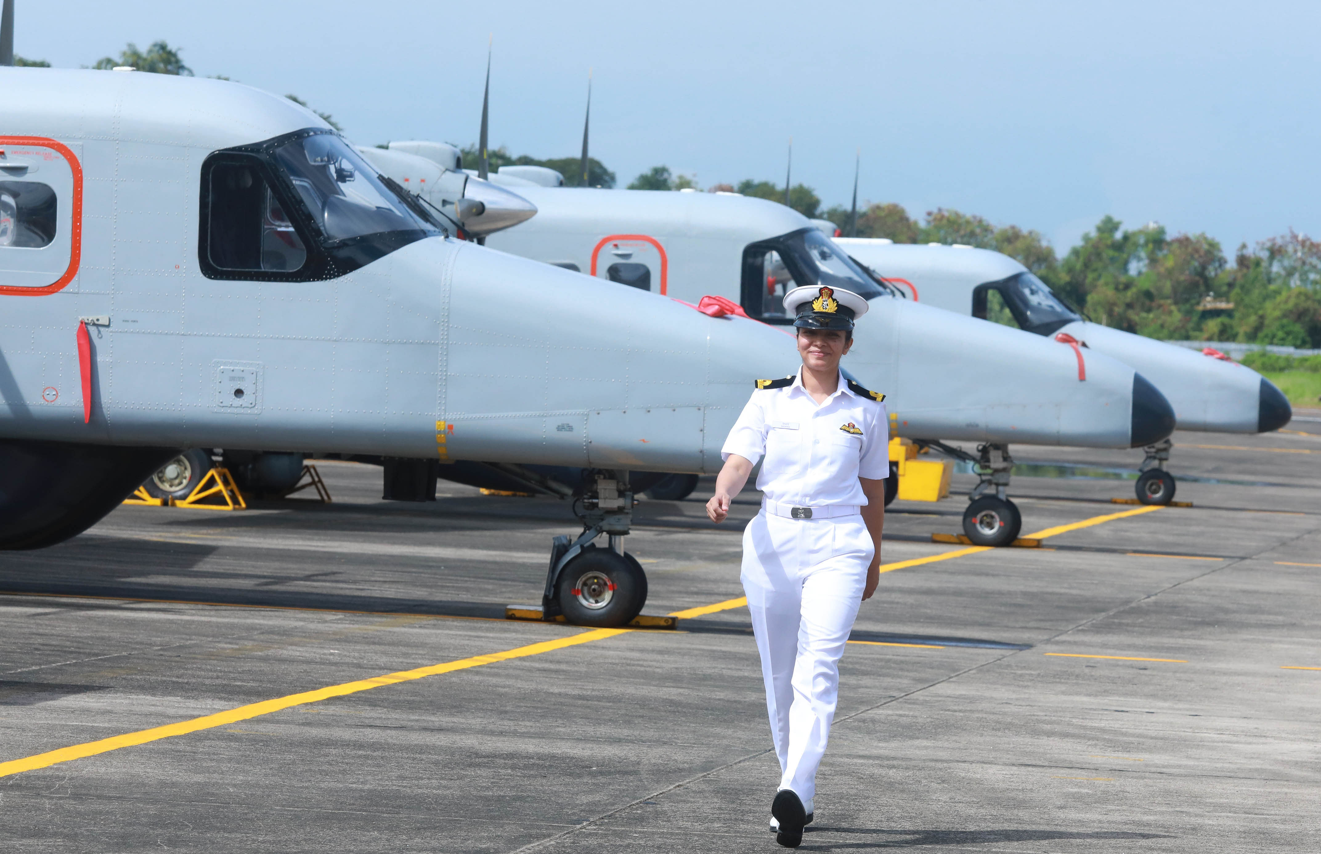 Shivangi, first woman pilot, at Southern Naval Command in Kochi after receiving the wings.