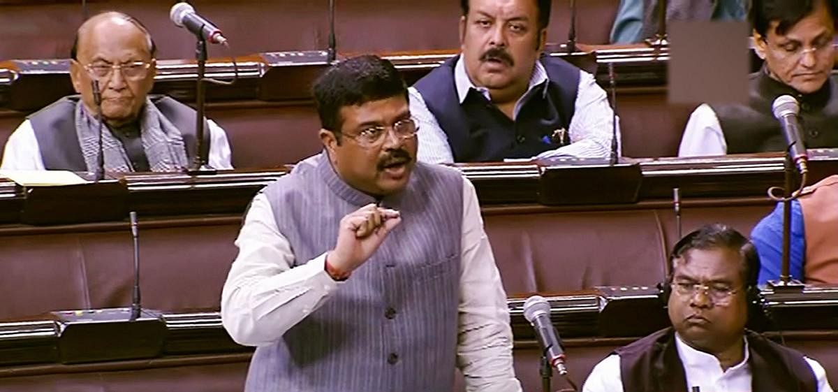 Union Minister of Petroleum and Natural Gas and Steel Dharmendra Pradhan speaks during the Winter Session of Parliament in New Delhi, Wednesday, Nov. 27, 2019. (PTI Photo)
