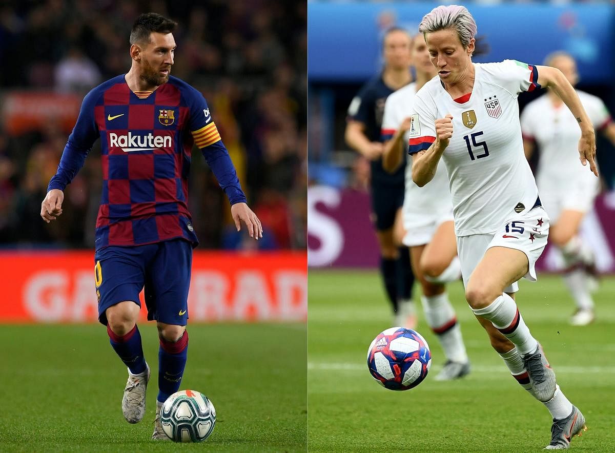 A combination of photos of Argentine forward Lionel Messi and US forward Megan Rapinoe who are expected to win the Ballon d'Or awards today in Paris. (AFP Photo)