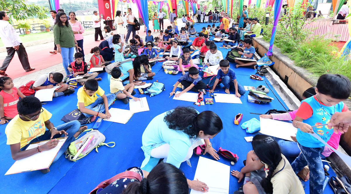 Children participated in a drawing competition organised as part of the Mangaluru Lit Fest at Dr TMA Pai International Convention Centre on Saturday.