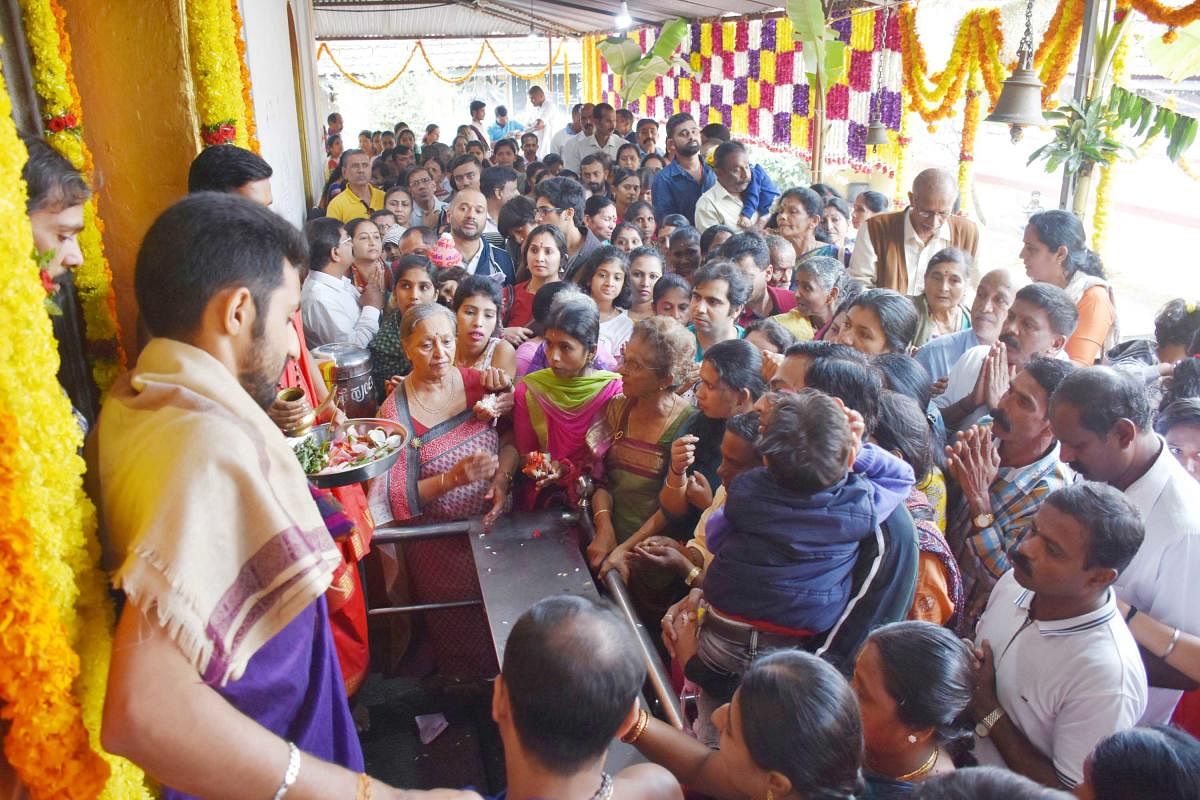 Devotees visit Omkareshwara temple on the occasion of Subrahmanya Shashthi on Monday.