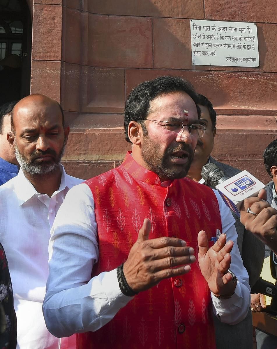 Minister of State for Home Affairs G Kishan Reddy talks to the media at Parliament House during the ongoing Winter Session, in New Delhi, Monday, Dec. 2, 2019. (PTI Photo)