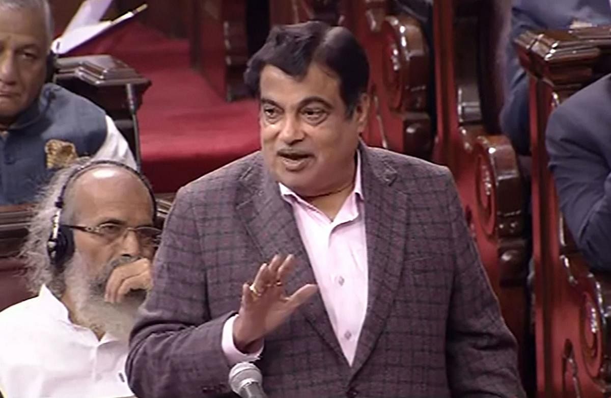 Union Minister Nitin Gadkari speaks in the Rajya Sabha during the ongoing Winter Session of Parliament, in New Delhi. RSTV/PTI