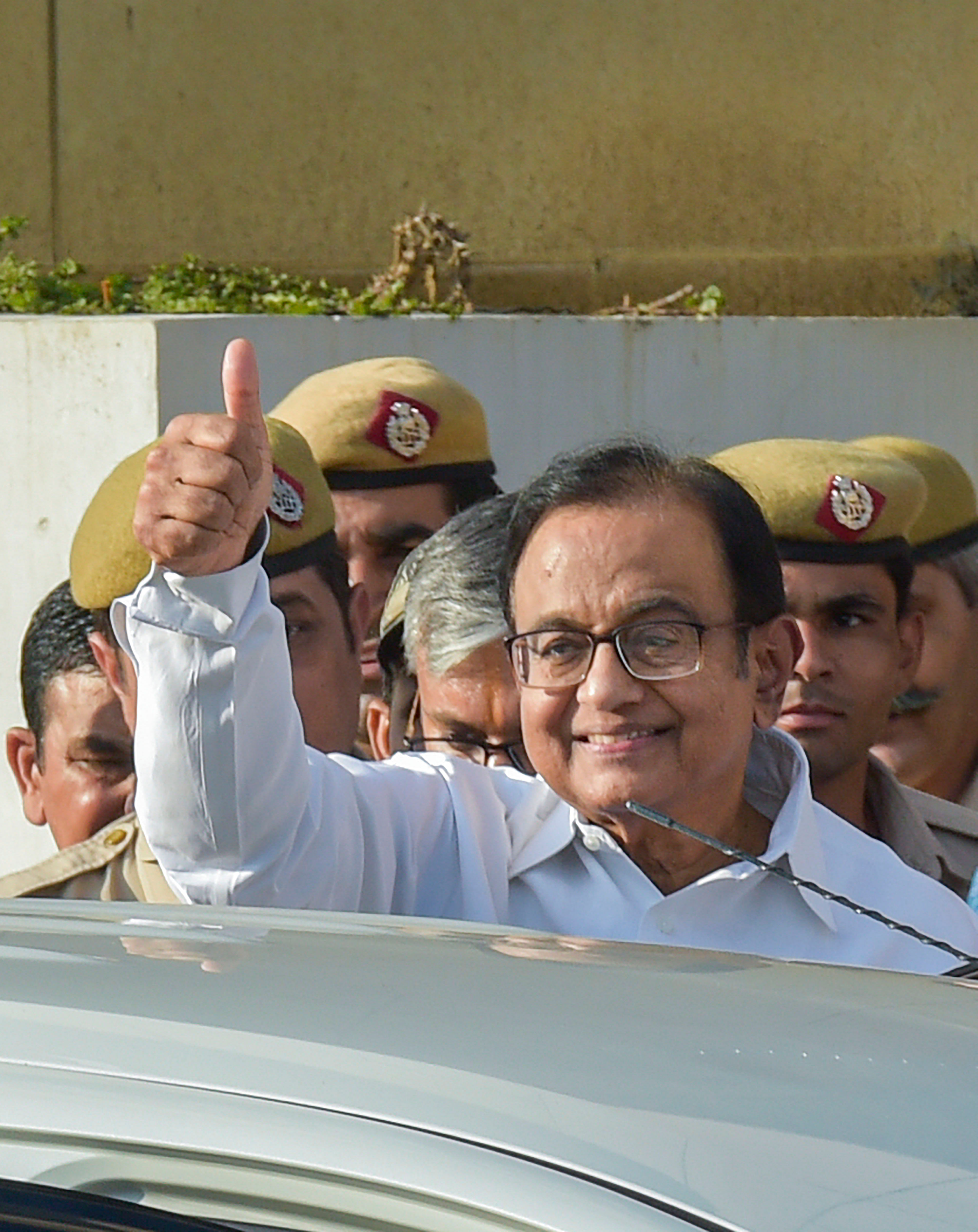 Senior Congress leader and former Union minister P Chidambaram after being produced at a CBI court in the INX media case, in New Delhi. (PTI Photo)