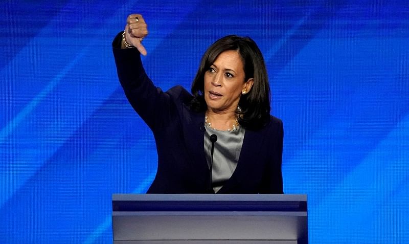 Senator Kamala Harris gives a thumbs down as she speaks during the 2020 Democratic US presidential debate in Houston, Texas, US. (Reuters Photo)