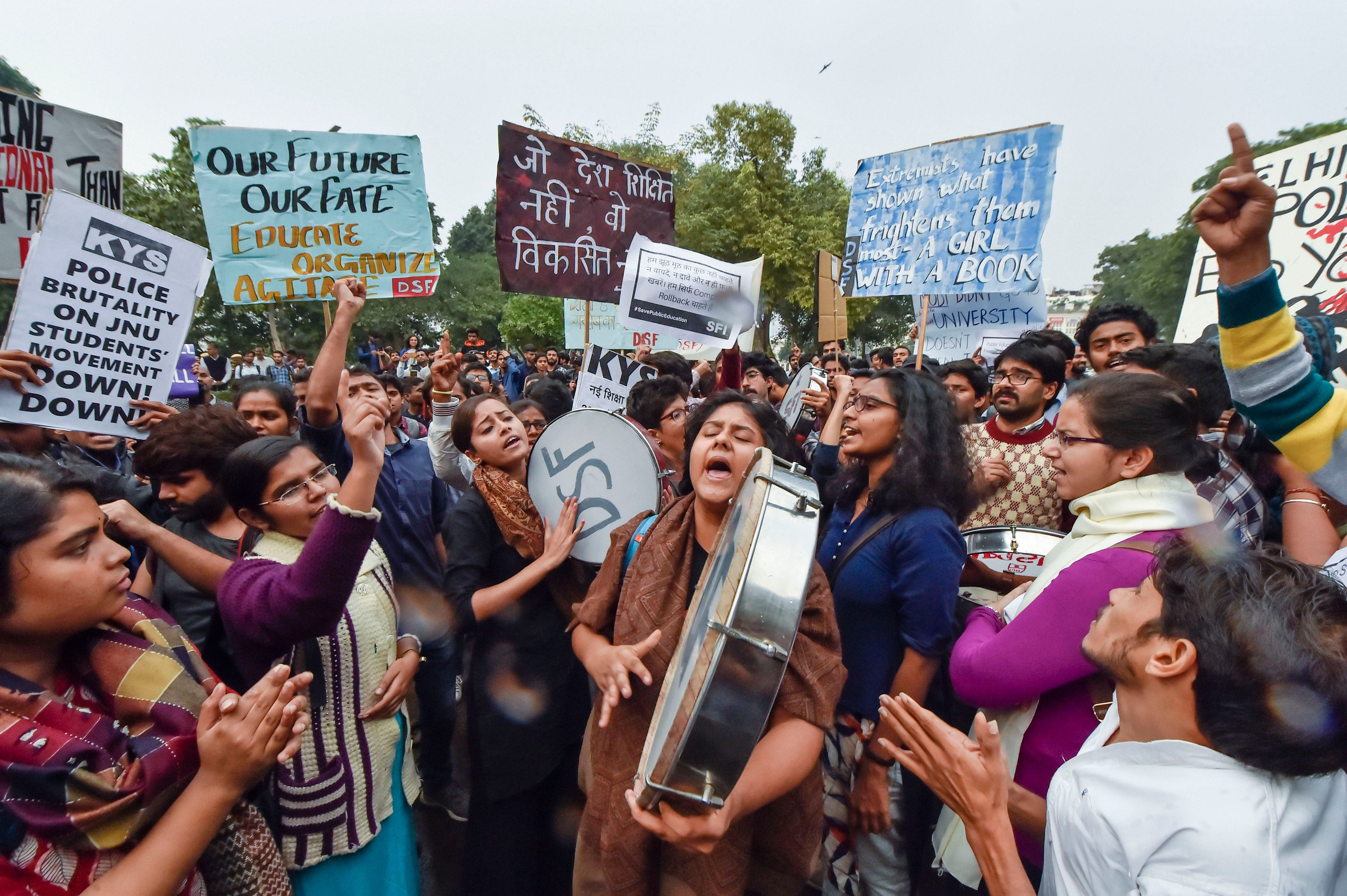 Students of Jawaharlal Nehru University (JNU) raise slogans during a protest to appeal to students and youth across India to join them for National Protest Day in defence of affordable and accesible education, in New Delhi. (PTI Photo)
