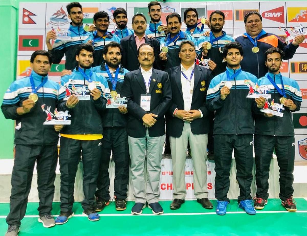 Indian Men's badminton Team won Gold medal defeating Sri Lanka in the Team finals 3-1 at the 13th South Asian Games (DH Photo)