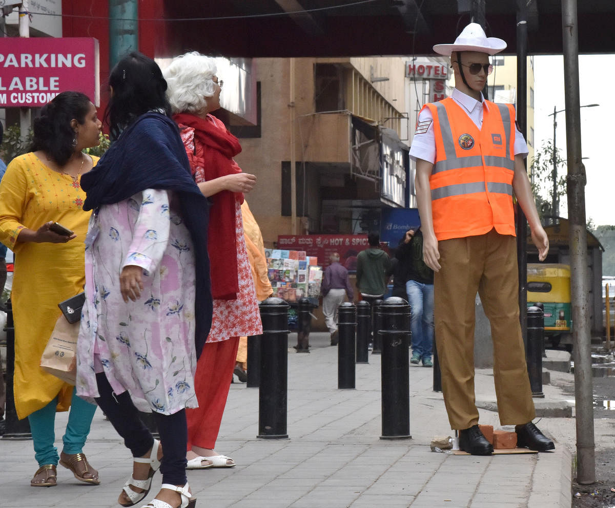 200 mannequins have been placed across the city to detertraffic violators. In picture, a mannequin at MG Road.