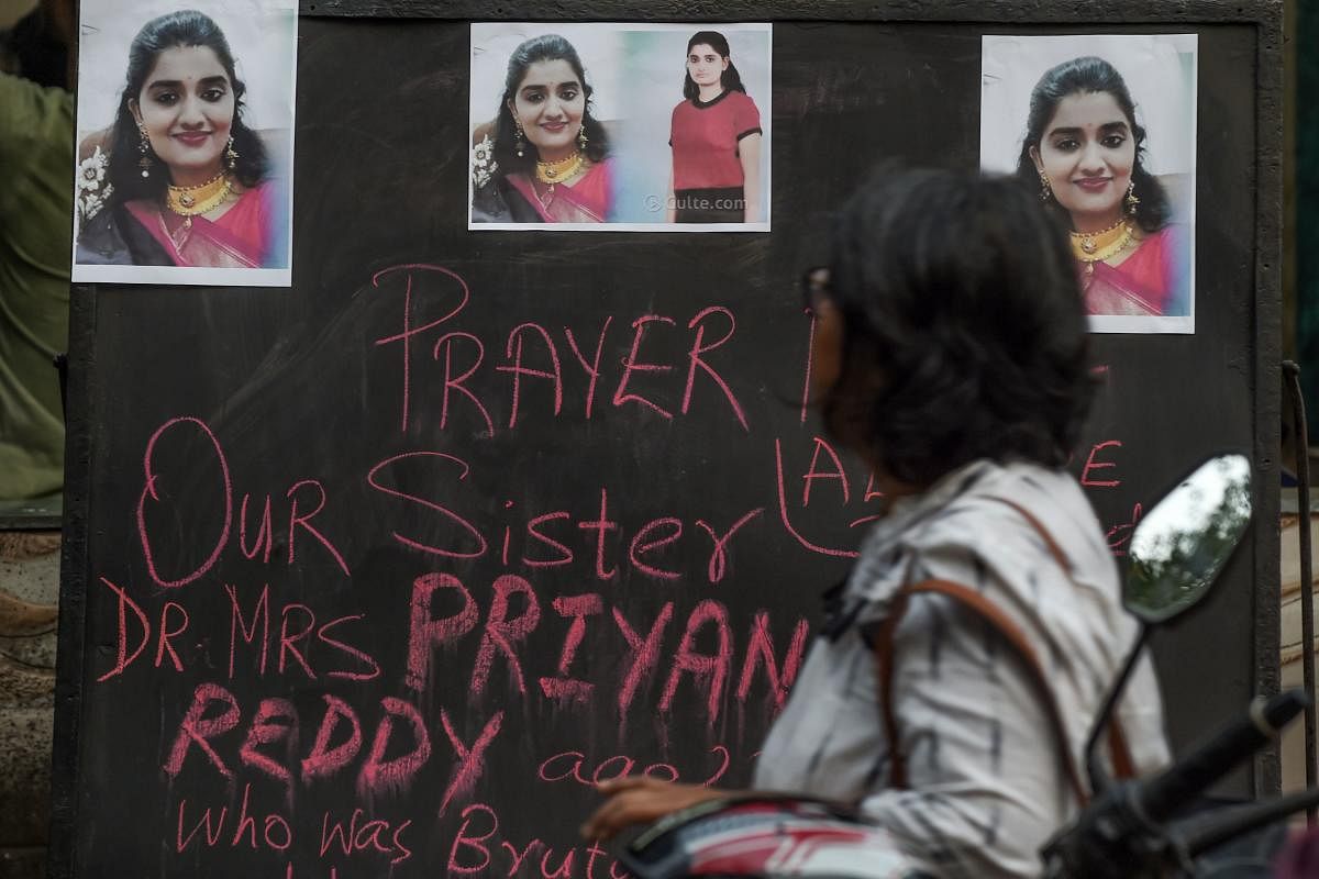 The gruesome rape and murder of a 25-year-old woman veterinarian by four men in Hyderabad last week led to nation-wide outrage and put a question mark on women's safety in cities. (Photo by AFP)