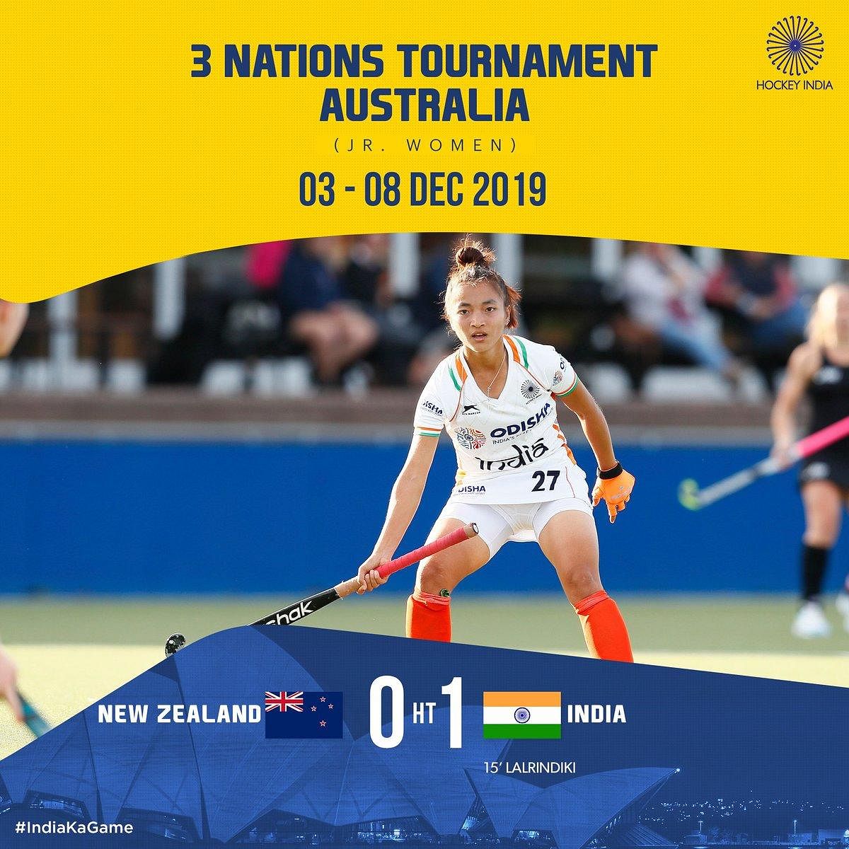 A defensive lapse from New Zealand then handed India a golden opportunity at the stroke of the quarter break and Lalrindiki found herself with enough space in front of the goal to slot the ball home. Photo (Twitter/@TheHockeyIndia)