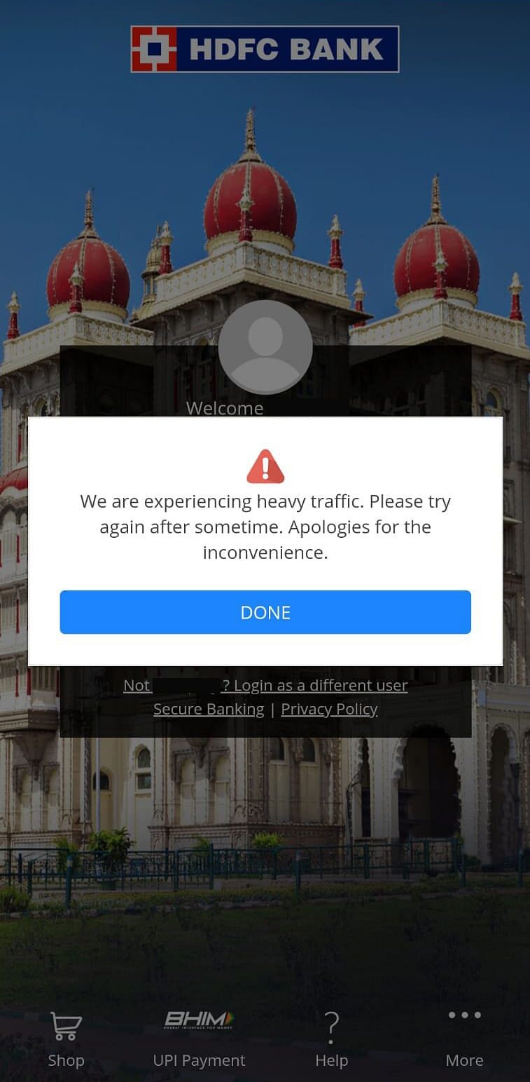 Error shown by HDFC Bank's mobile application. (DH Photo)