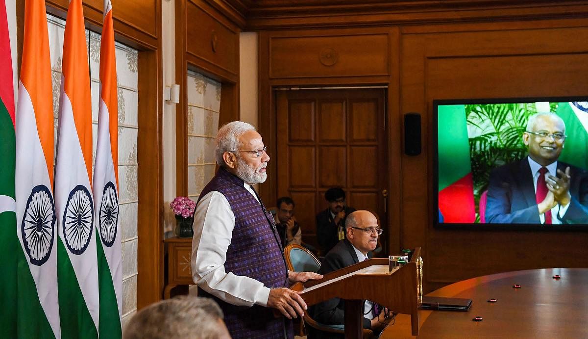 Prime Minister Narendra Modi and Maldives President Ibrahim Mohamed Solih jointly inaugurate the key development projects in Maldives via video conference, in New Delhi. (PTI Photo)