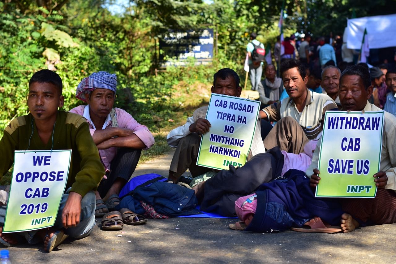 Road blockade by INPT members against Citizenship (Amendment) Bill at Bhrigudasbari in Tripura West district on Thursday. (Photo by Tanmoy Chakraborty/Agartala) 