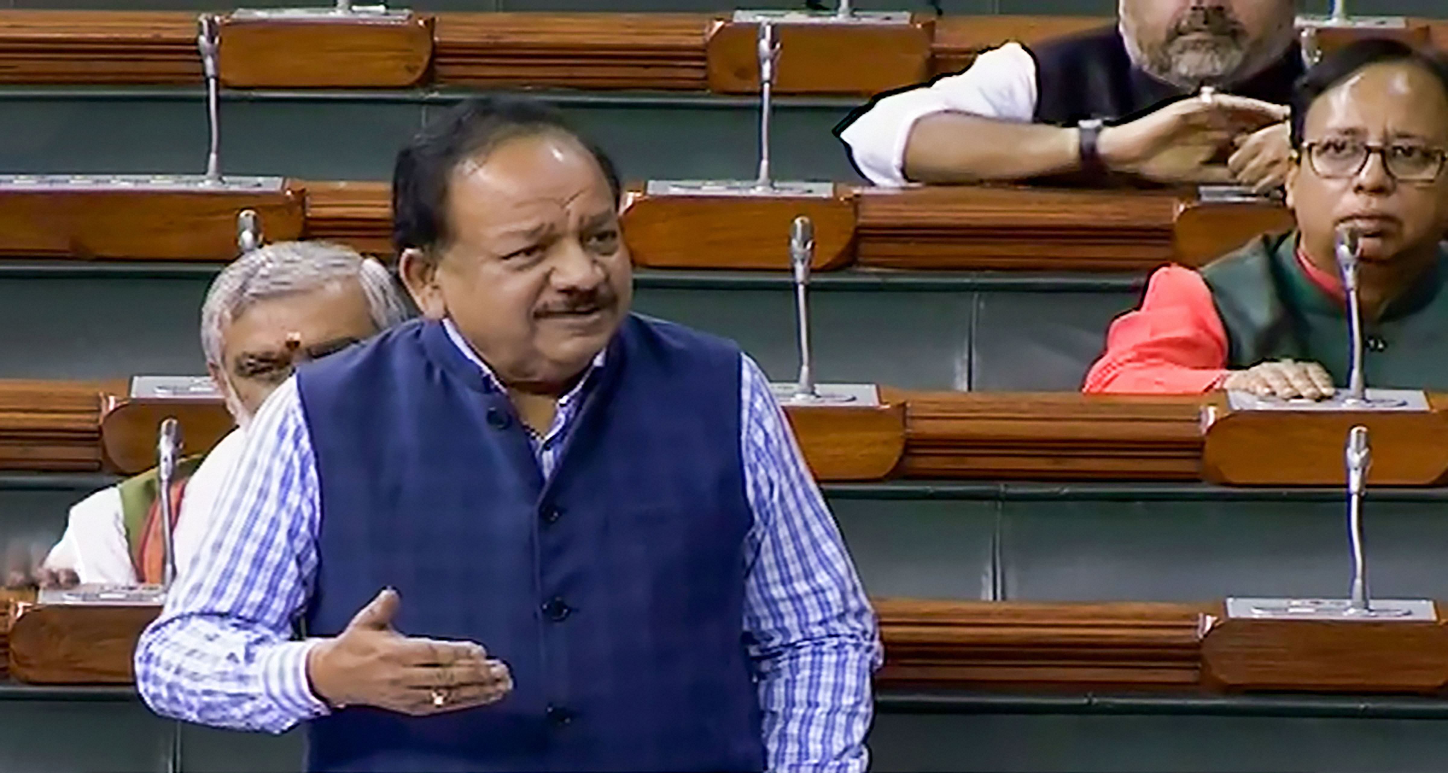 Union Health Minister Harsh Vardhan speaks in the Lok Sabha during the Winter Session of Parliament, in New Delhi, Wednesday, Nov. 27, 2019. (PTI Photo)