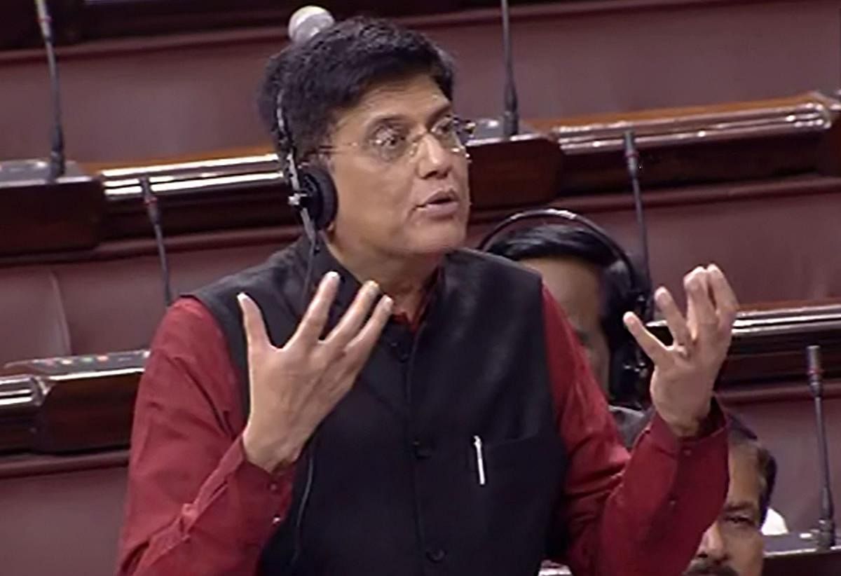 Union Minister for Railways and Commerce & Industry Piyush Goyal speaks in the Rajya Sabha during the ongoing Winter Session of Parliament. RSTV/PTI