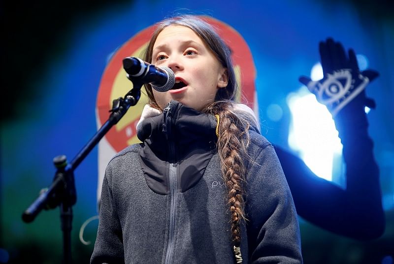 Climate change activist Greta Thunberg delivers a speech at a climate change protest march, as COP25 climate summit is held in Madrid. (Reuters Photo)
