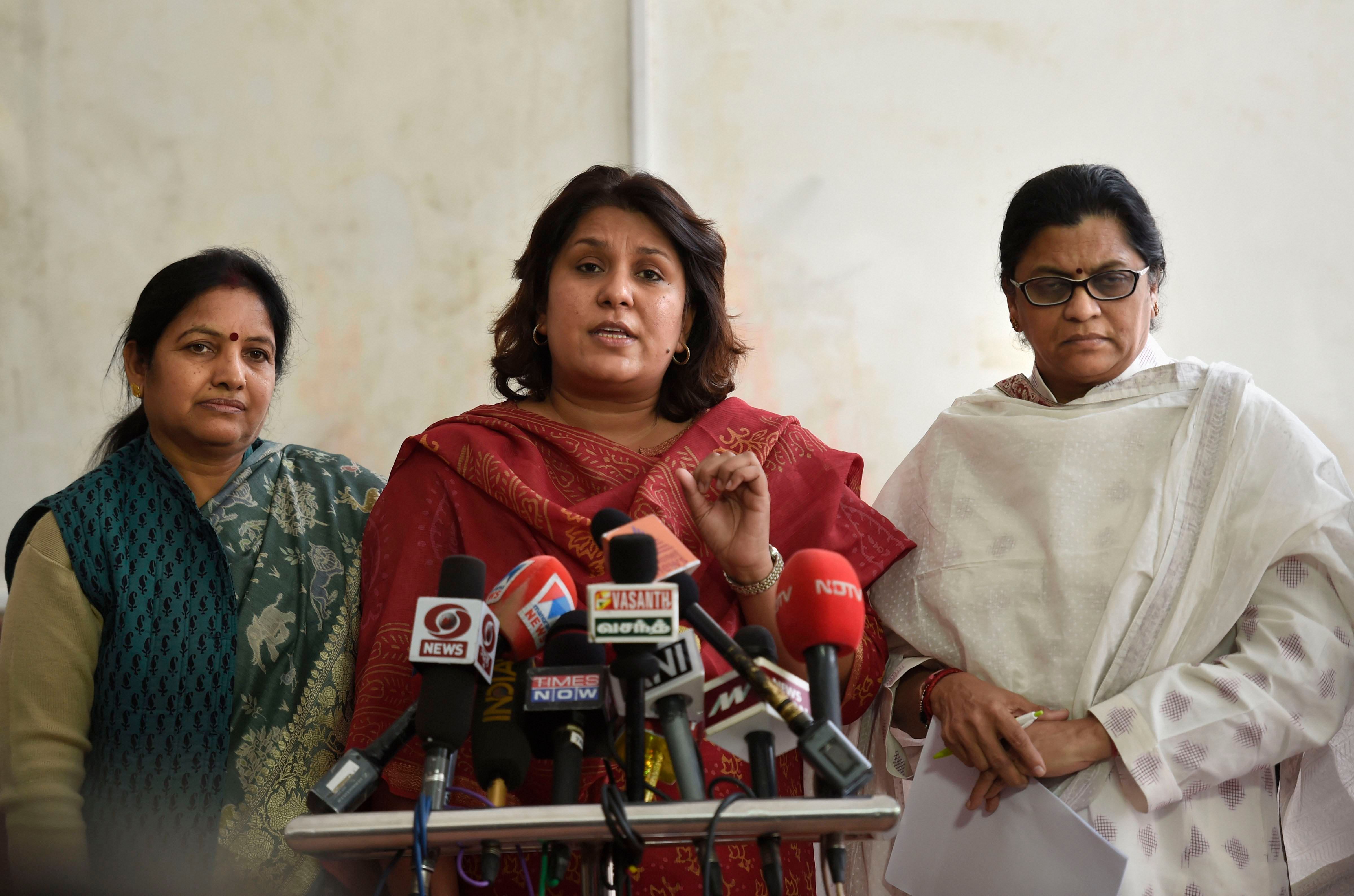 Congress MPs Supriya Shrinate, Chhaya Verma and Amee Yajnik address the media at Parliament House during the ongoing Winter Session. (PTI Photo)