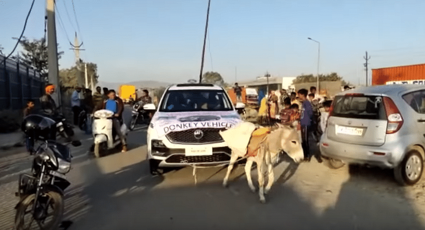Donkey pulls MG Hector car. (YouTube/Arun Panwar)