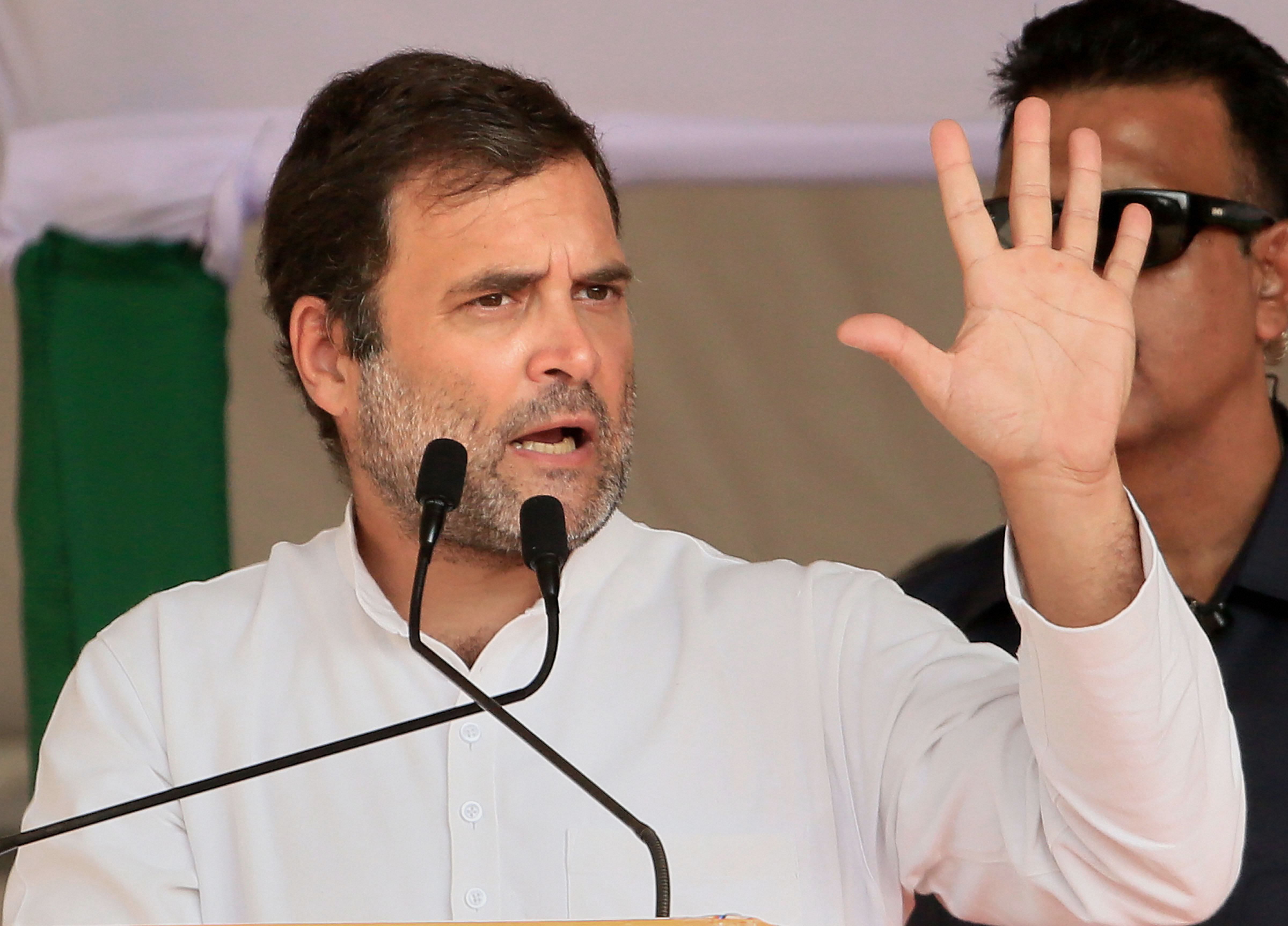 Congress leader Rahul Gandhi gestures as he speaks during an election campaign rally in support of party candidate Bhushan Bara (Simdega) and Vikshal Kongari (Kolebira) for the Jharkhand Assembly polls, in Simdega district. (PTI Photo)
