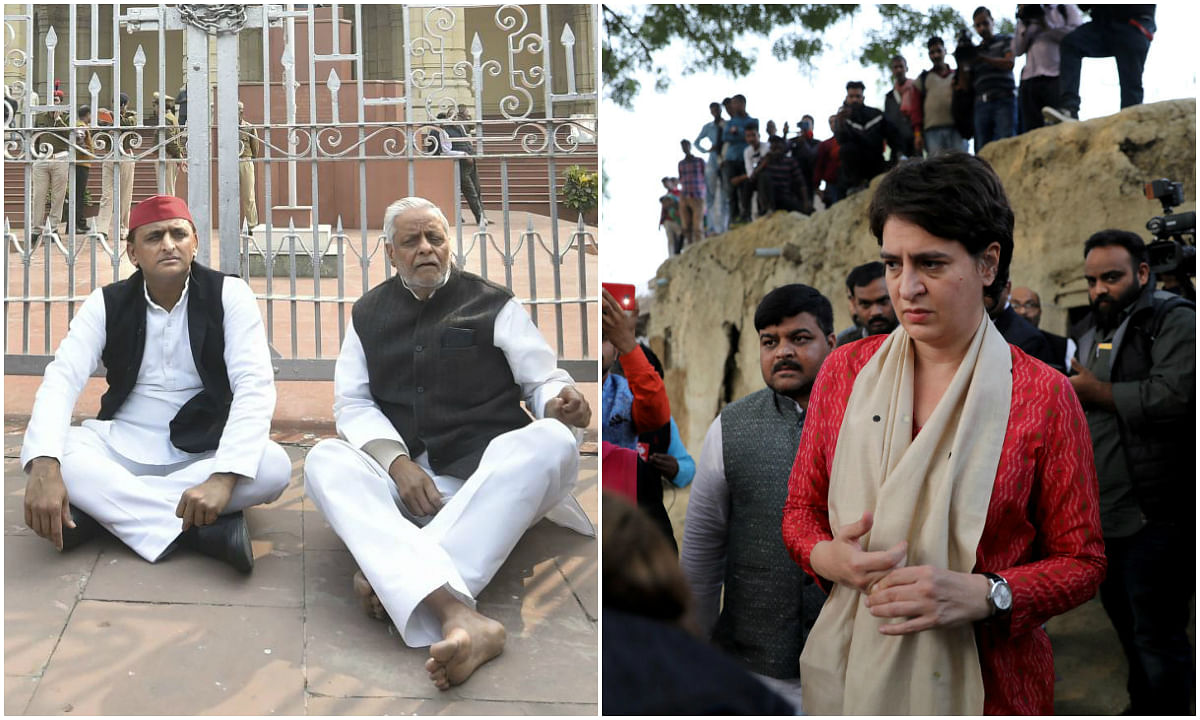 (Left) Samajwadi Party chief Akhilesh Yadav along with party leaders stages a dharna in front of Vidhan Bhawan in protest over Unnao rape victim's death, in Lucknow, Saturday, Dec.7, 2019. (PTI Photo) (Right)  Priyanka Gandhi Vadra arrives to meet the relatives of a 23-year-old rape victim, who died in a New Delhi hospital on Friday. (Photo by Reuters)