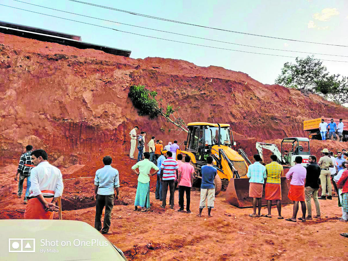 The spot where three labourers were killed when soil caved in at Odiyoor in Bantwal taluk on Saturday.