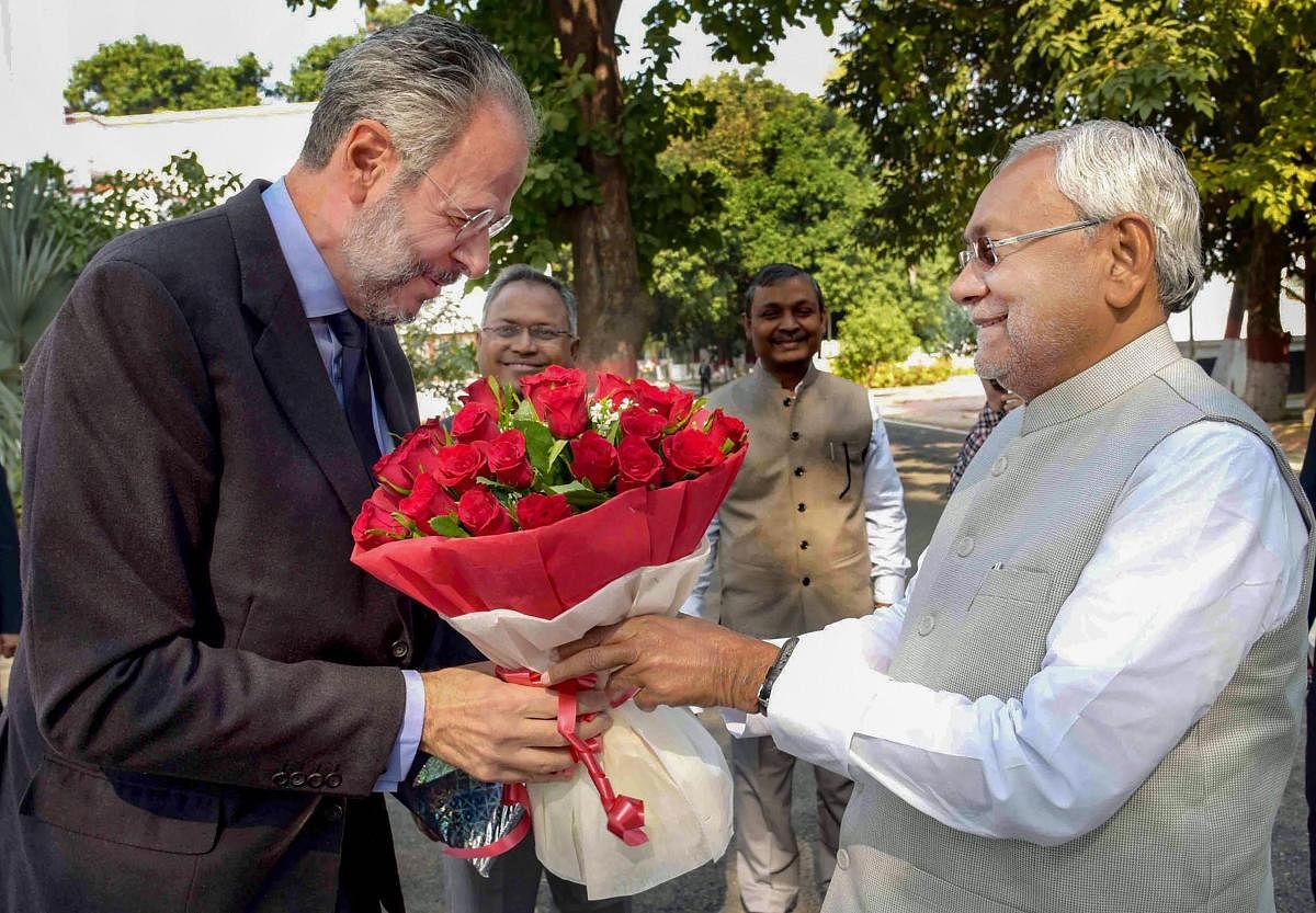 Bihar Chief Minister Nitish Kumar greets Brazilian ambassador to India Andre Aranha Correa at his official residence (PTI Photo)