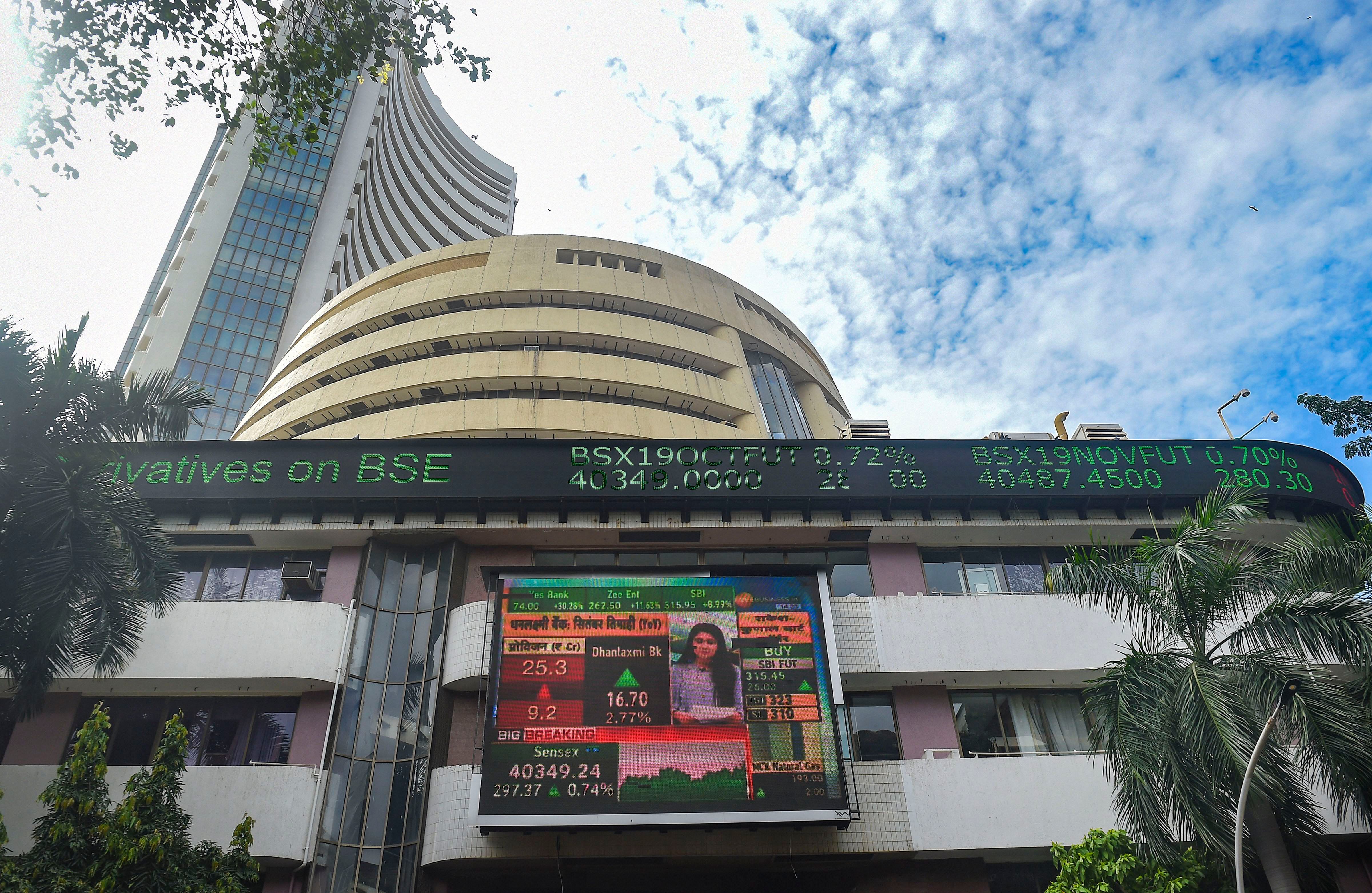 A view of the the stock prices displayed on a digital screen outside BSE building, in Mumbai. (PTI Photo)