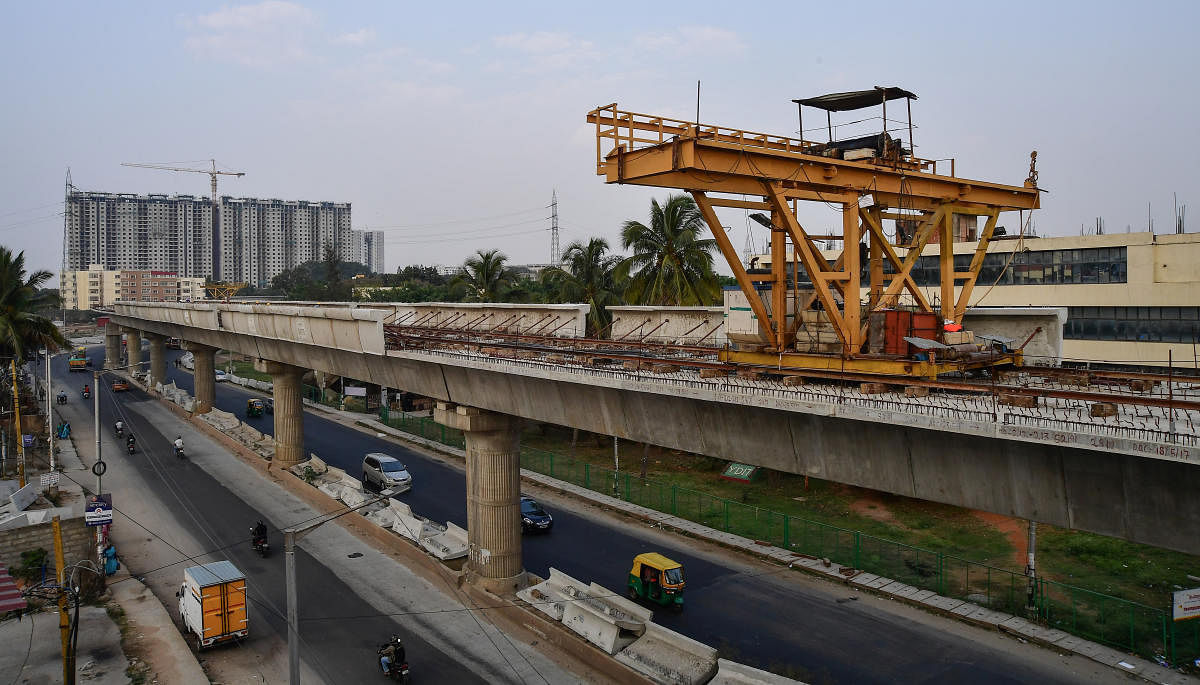Metro construction at Raghuvanahalli, Kanakapura Road. DH FILE PHOTO