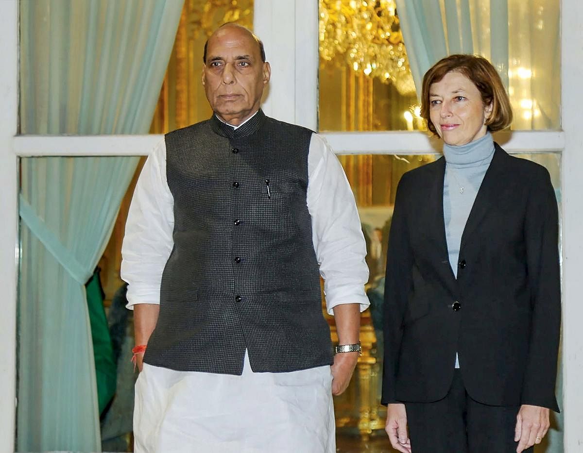 Union Defence Minister Rajnath Singh with his French counterpart Florence Parly. Photo by PTI. 