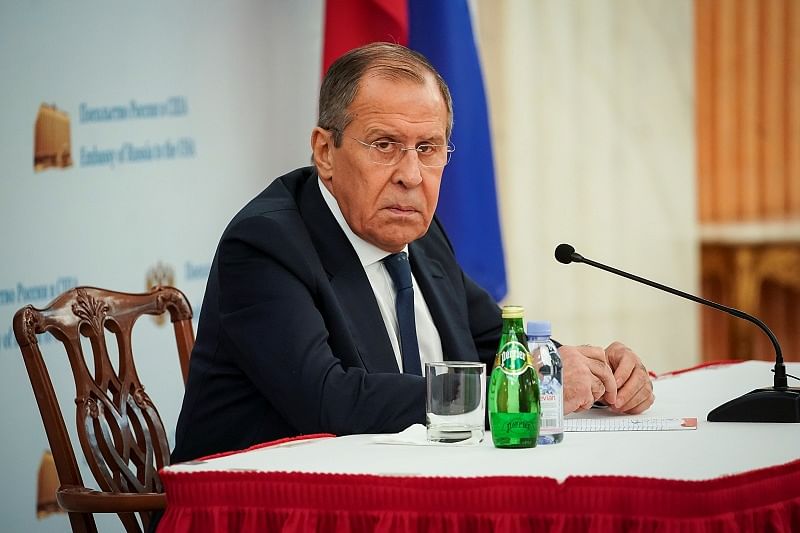 Russian Foreign Minister Sergei Lavrov listens to a question during a news conference at the Russian Embassy in Washington. (Reuters Photo)