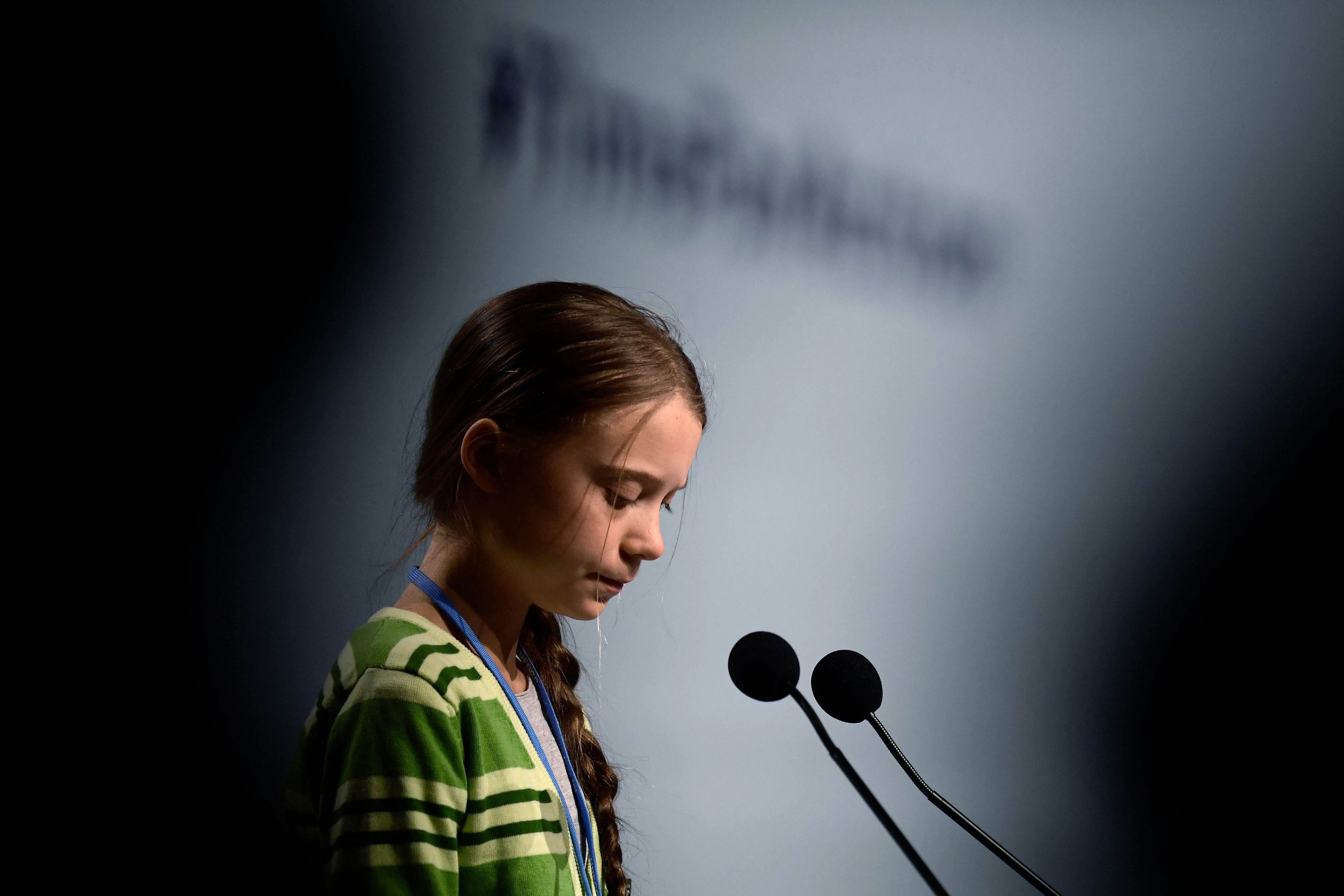Swedish climate activist Greta Thunberg gives a speech during a high-level event on climate emergency hosted by the Chilean presidency during the UN Climate Change Conference COP25 at the 'IFEMA - Feria de Madrid' exhibition centre, in Madrid. (AFP Photo)