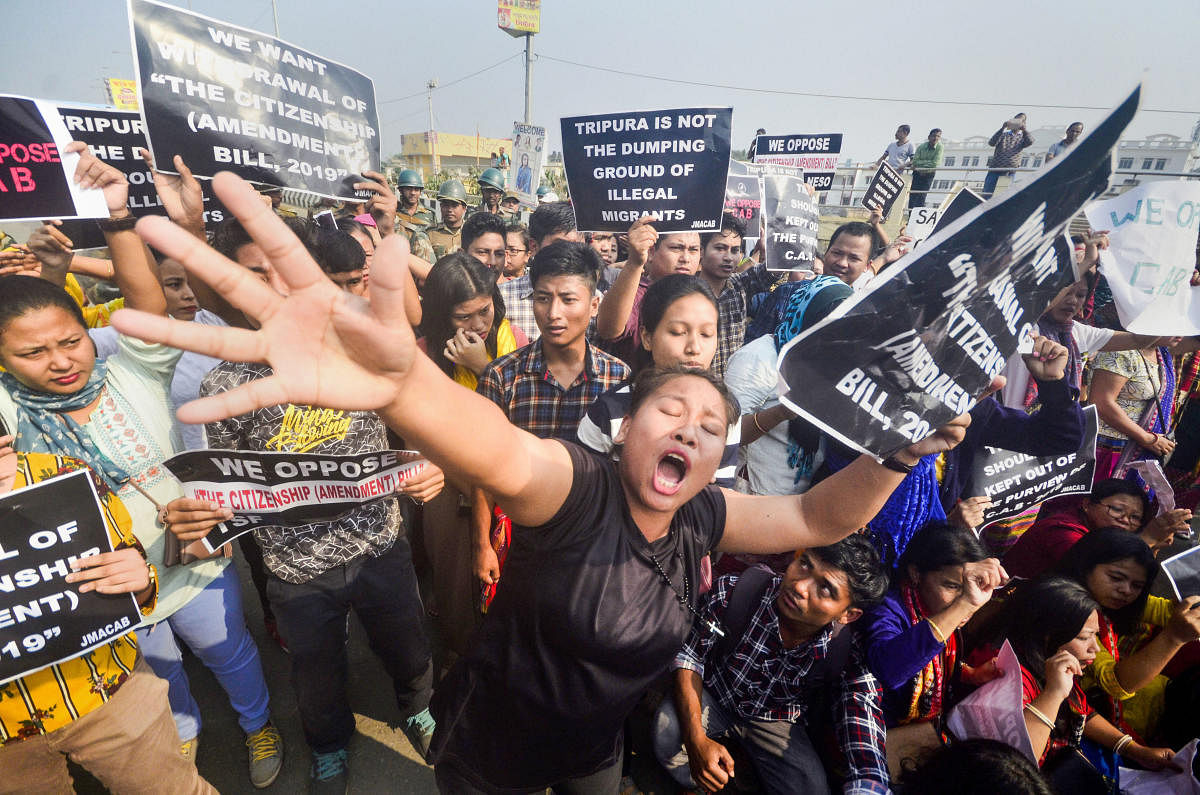 Demonstrators protest against the Citizenship Amendment Bill (CAB) during a strike called by the North East Students’ Organisation (NESO). (PTI Copy)