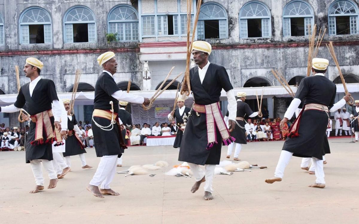 Kodava men perform ‘Huthari Kolata’ on the premises of the Old Fort in Madikeri on Thursday.