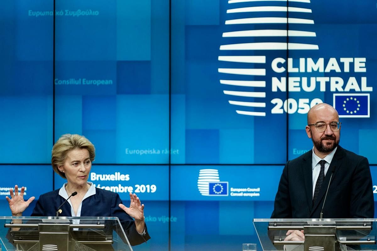 European Commission President Ursula von der Leyen speaks during a press conference at the European Union Summit at the Europa building in Brussels. Photo by AFP.