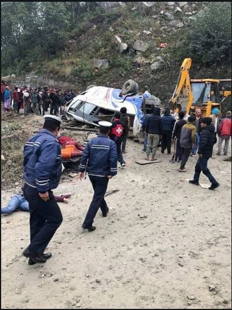 A passenger bus veered off the road and fell some 100 metres along the Araniko Highway in Nepal's Sindhupalchok. (ANI Photo)