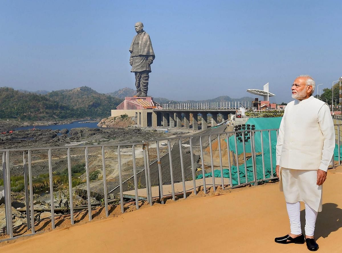 Prime Minister Narendra Modi in front of 182-meters high statue of Sardar Vallabhbhai Patel. (PTI file photo)