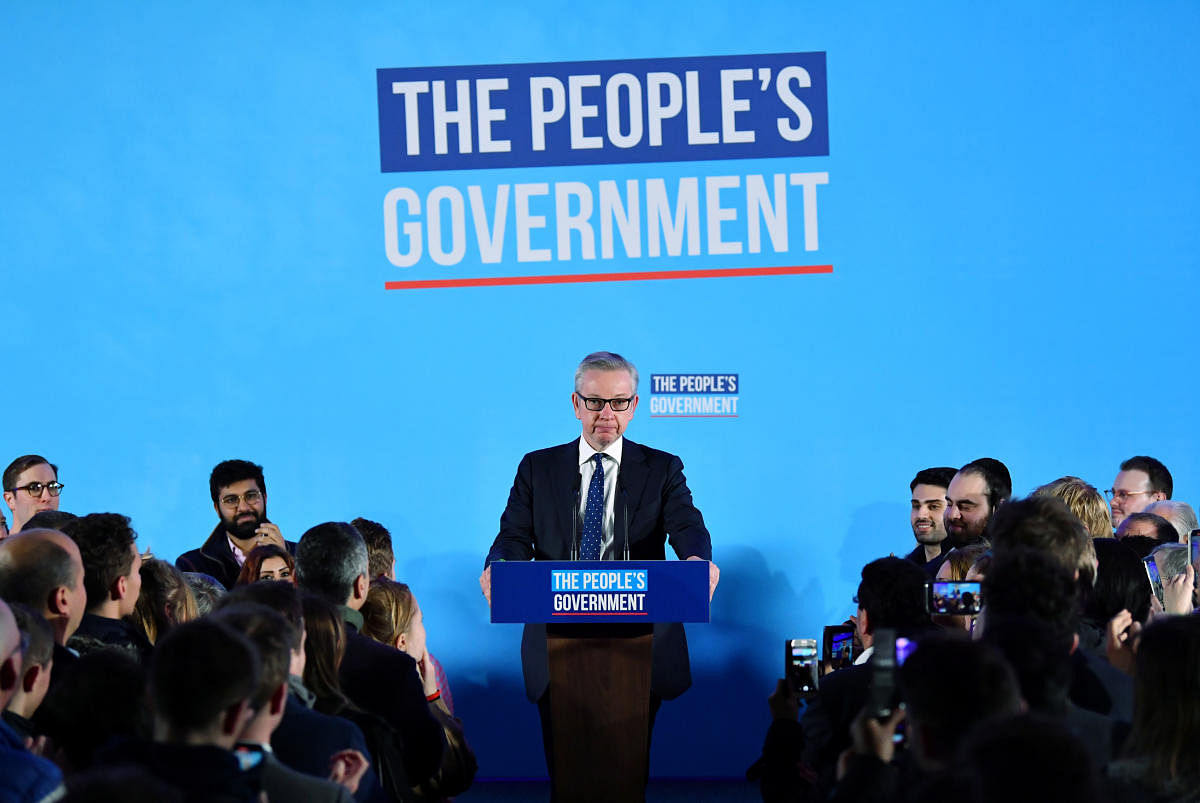 Britain's Chancellor of the Duchy of Lancaster Michael Gove speaks during Conservative Party event following the results of the general election in London. Reuters