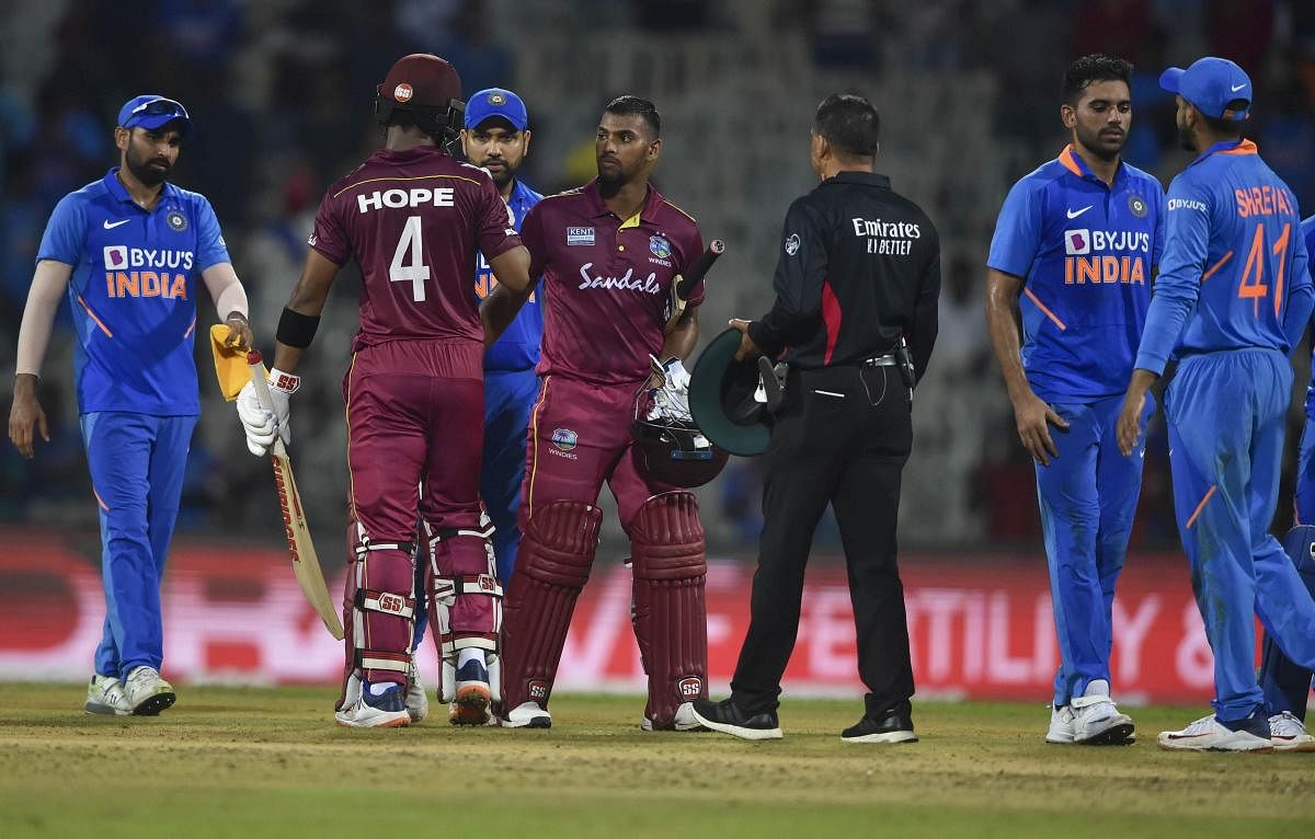 West Indies player Shai Hope reacts after winning the first One-Day International (ODI) cricket match against India. (PTI Photo)