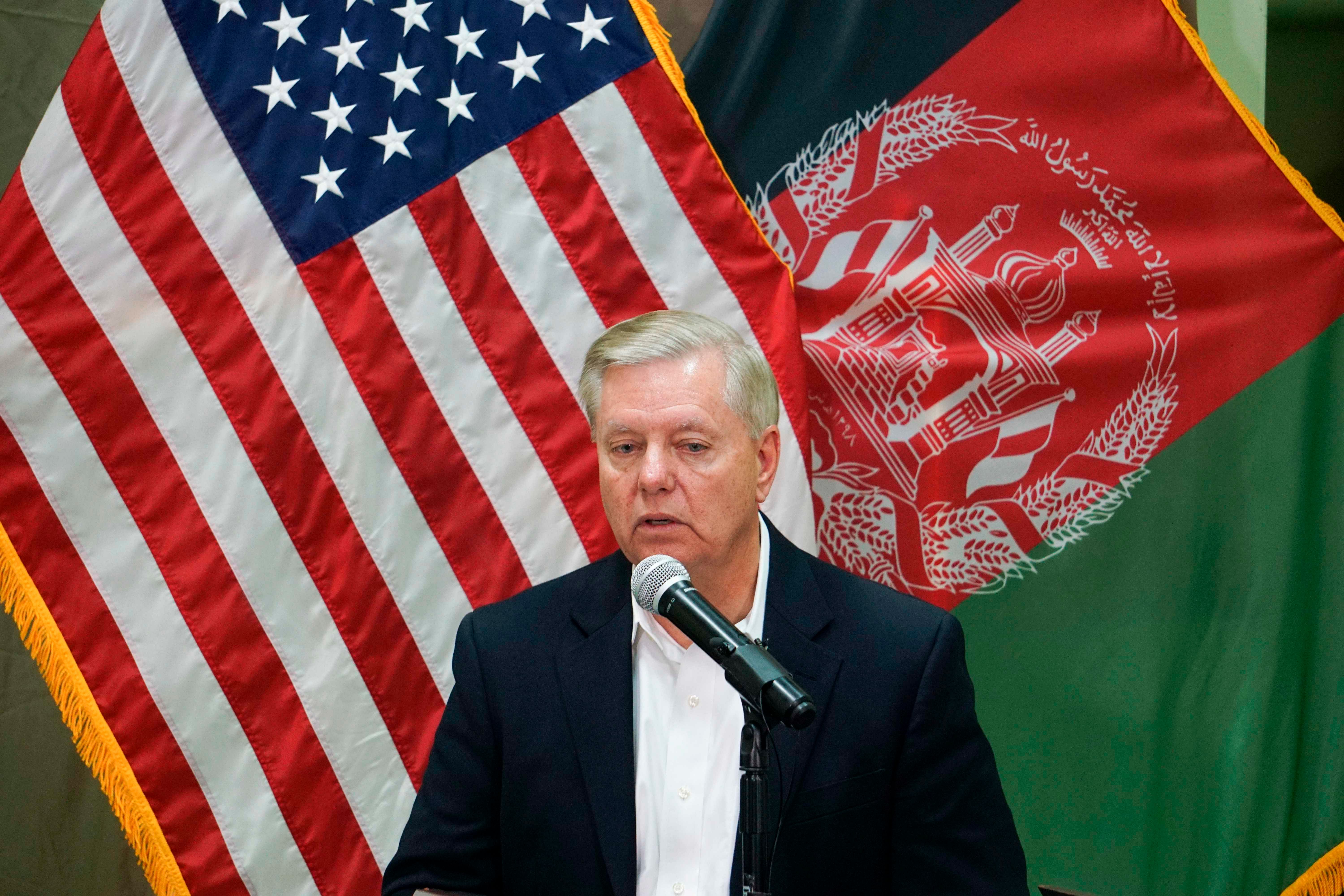 US Senator Lindsey Graham speaks during a press conference at the Resolute Support headquarters in Kabul. (AFP Photo)