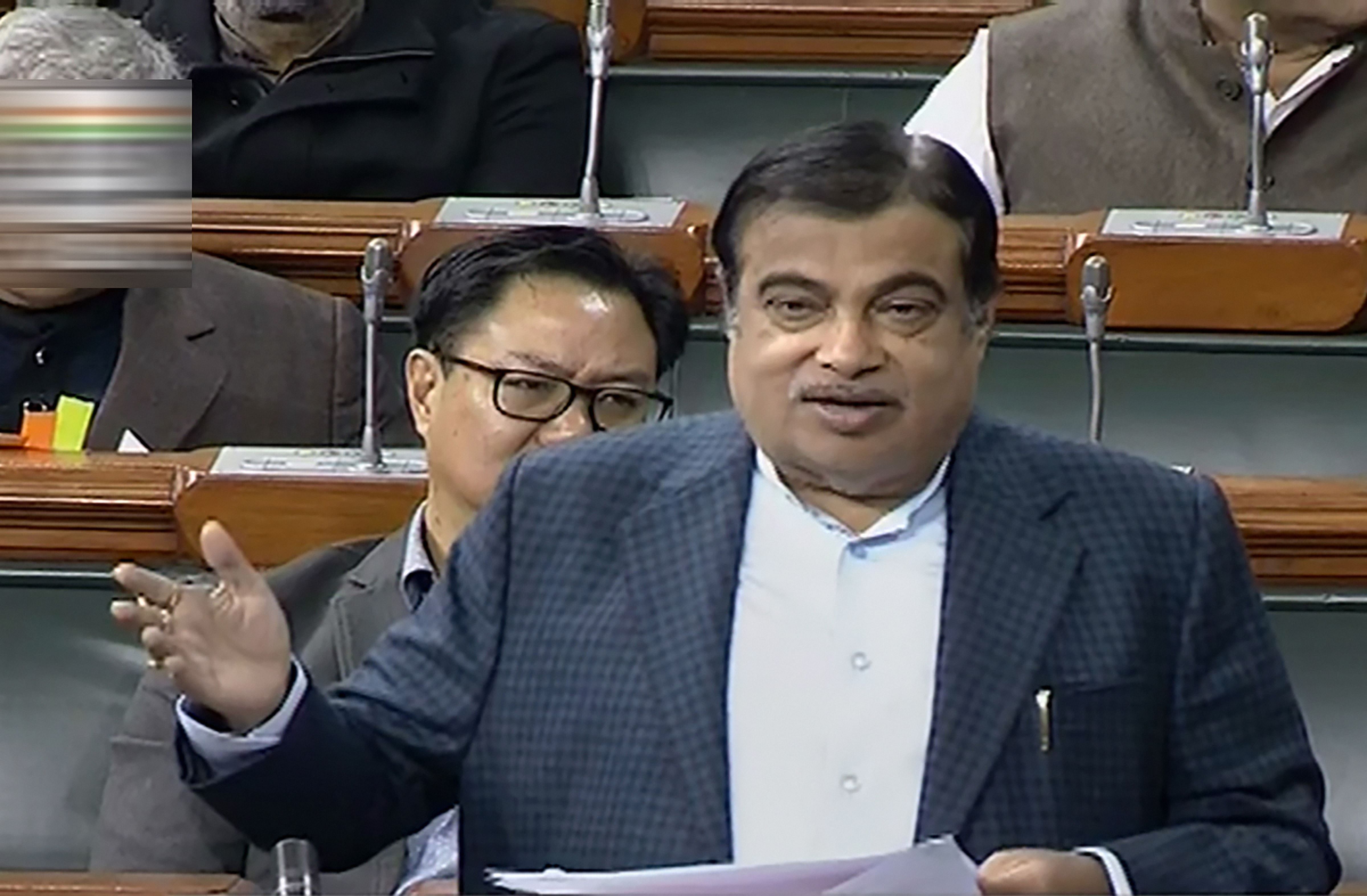 Union Minister Nitin Gadkari speaks in the Lok Sabha during the Winter Session of Parliament. (PTI Photo)