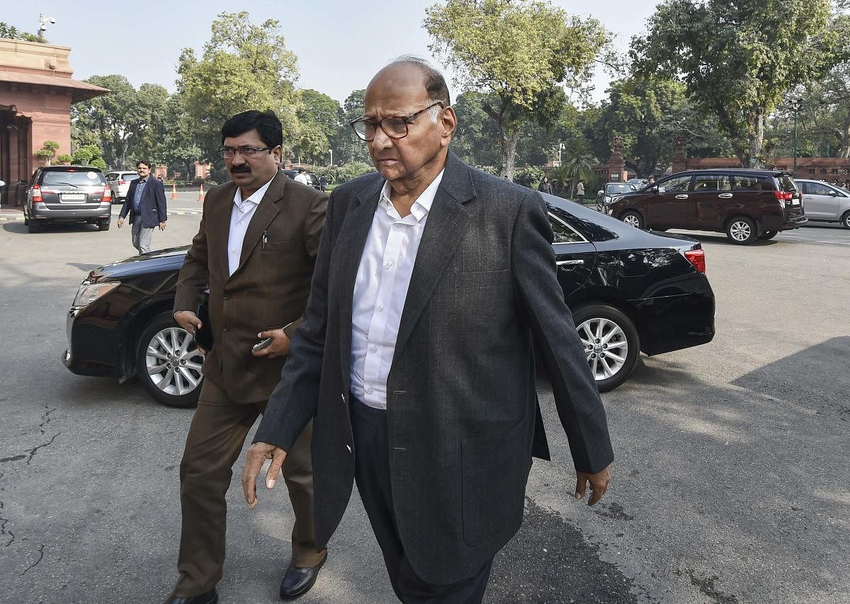Nationalist Congress Party (NCP) Chief Sharad Pawar arrives at Parliament House during the ongoing Winter Session, in New Delhi, Monday, Dec. 9, 2019. (PTI Photo)