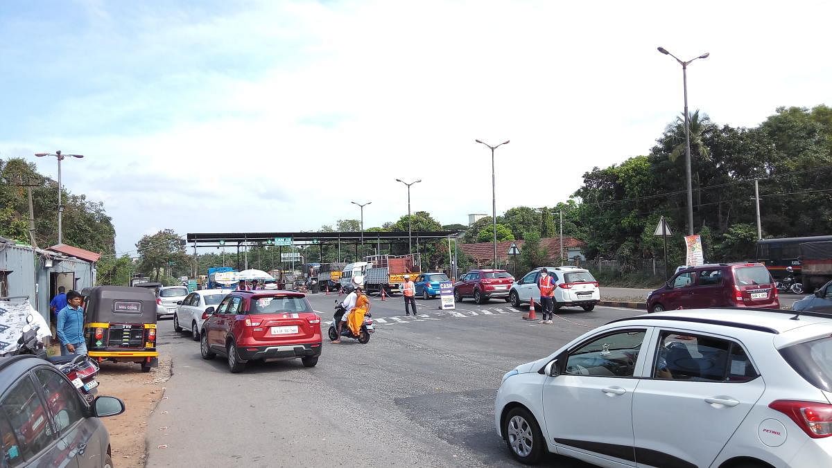 Vehicles at the toll plaza in Surathkal on Monday.