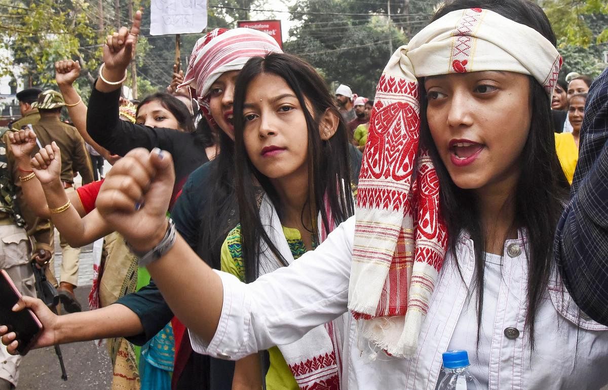 Guwahati: AASU supporters raise slogans during their ‘Gana Saityagrah’ protest against Citizenship Amendment Act, in Guwahati, Dec. 16, 2019. (PTI Photo) 