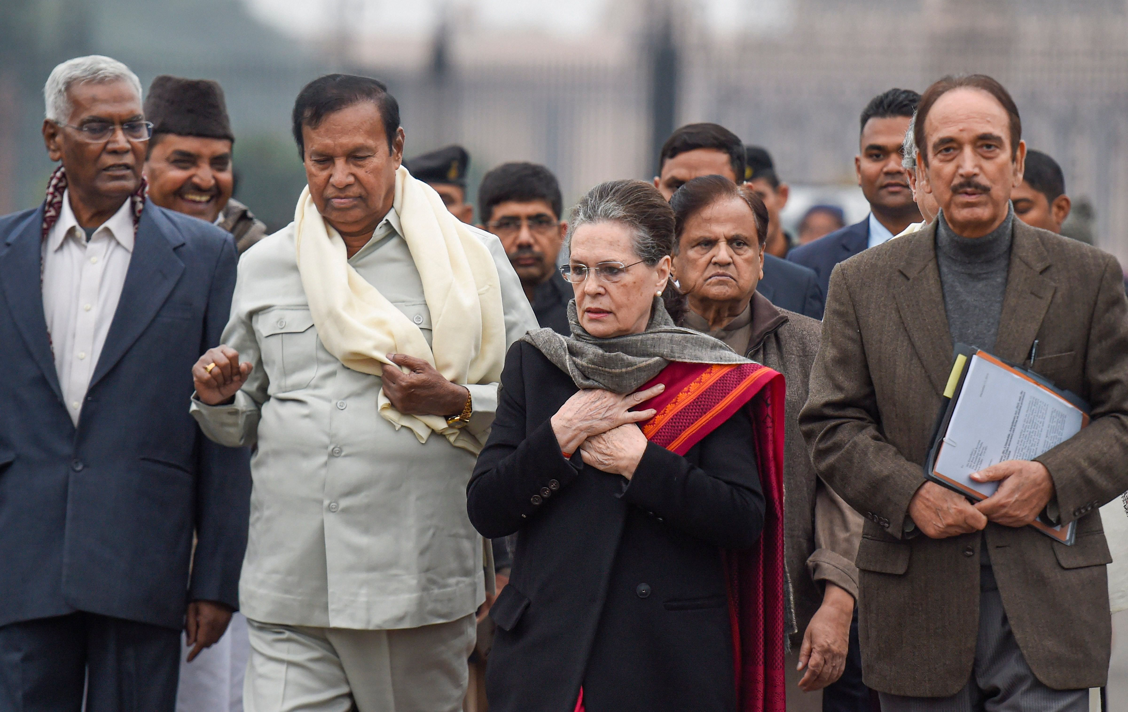 Congress interim president Sonia Gandhi along with party leader Ghulam Nabi Azad, DMK's TR Baalu and other opposition leaders after meeting President Ram Nath Kovind to register their protest over the police action on students of Jamia Millia Islamia and Aligarh Muslim University and repeal the Citizenship Amendment Act, at the Rashtrapati Bhavan in New Delhi. (PTI Photo)