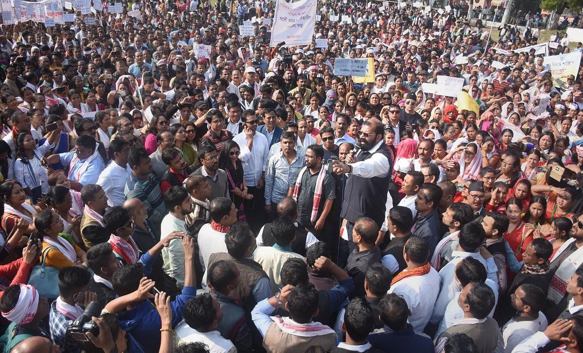  All Assam Students Union (AASU) Chief Advisor Samujjal Bhattacharya speaks during a procession demanding withdrawal of the Citizenship Amendment Act (CAA), in Guwahati. PTI