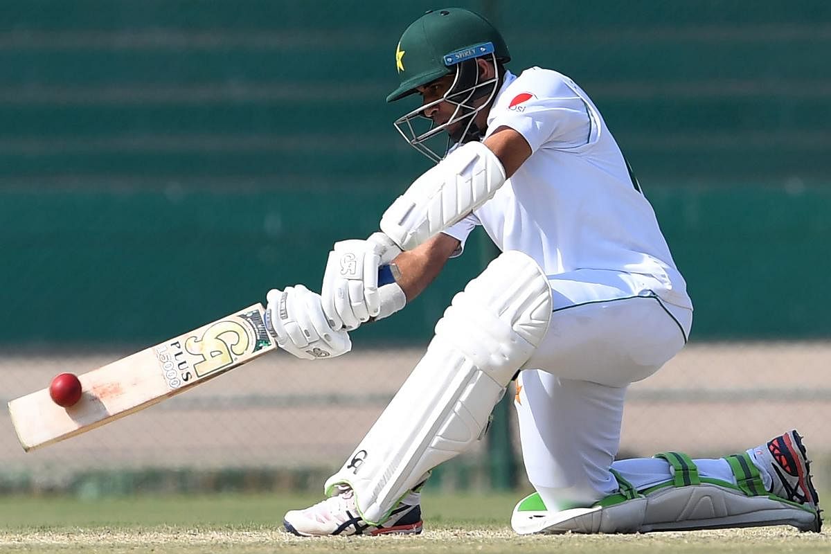 Pakistan's Abid Ali playing a shot during the third day of the second Pakistan-Sri Lanka Test cricket match. (AFP Photo)