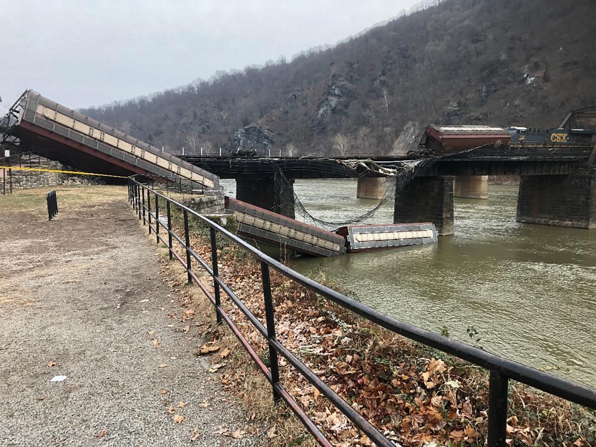 This photo provided by the Washington County, Md., shows a freight line train in the Potomac River on Saturday, Dec. 21, 2019, near Harpers Ferry, W.Va. AP/PTI
